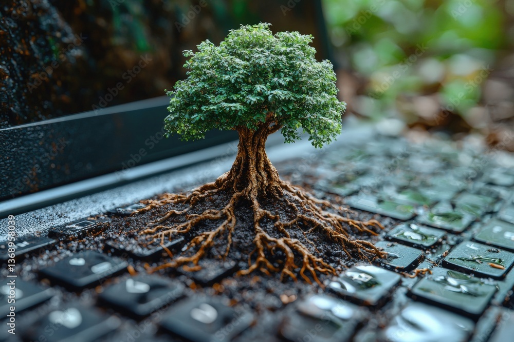 Aufkleber nature and technology intertwine as a miniature tree grows from a laptop keyboard in a vibrant fores