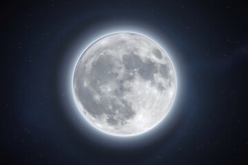 Full moon with visible craters surrounded by a bright lunar halo glowing in the dark night sky full of stars