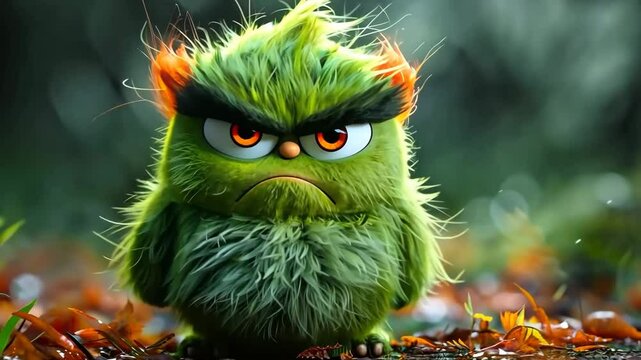 Green grumpy monster. National Grouch Day grouchy emoji, October 15th