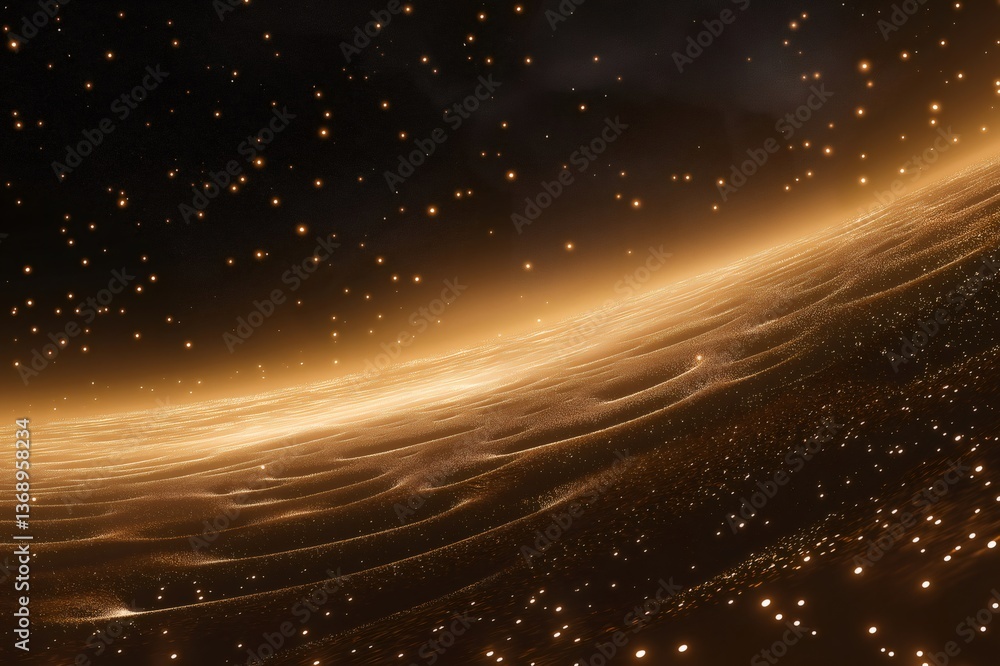 Poster glowing particles swirling around a massive asteroid belt in the vast expanse of space, creating a m