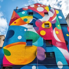 A city street scene featuring a building with a vibrant mural painted on its side