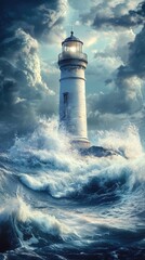 A lone lighthouse stands amidst turbulent waters, guiding ships through rough seas