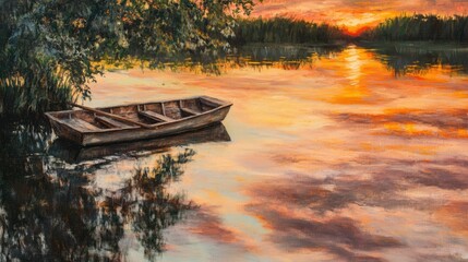 Obraz premium Serene sunset, rowboat on calm water, tree reflection.