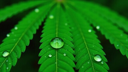 Vibrant green cannabis leaf adorned with sparkling water droplets, symbolizing freshness and vitality