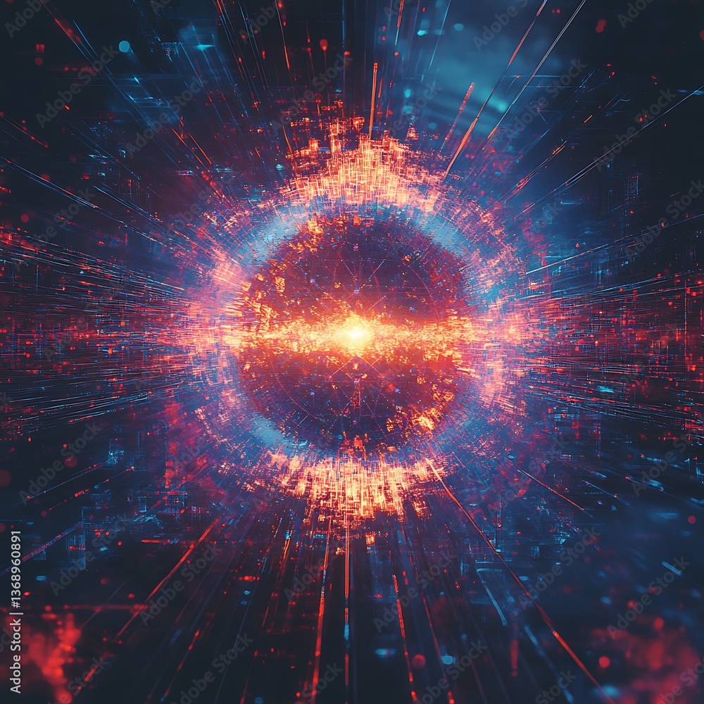 Poster abstract digital artwork of a central energy explosion with radiating lines and particles. a dynamic