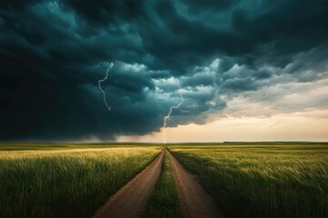 Rural landscape with a dirt road and a lightning bolt in the sky, ideal for use as a background or in outdoor-themed projects