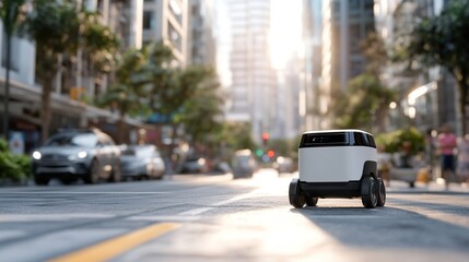 Autonomous delivery robot navigating a busy urban street at sunset