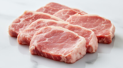 白背景に美しく並べられた新鮮な豚ロース肉スライス