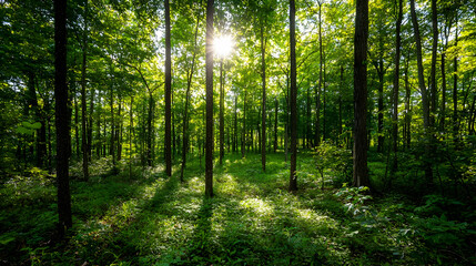 Obraz premium Sunlight Filtering Through Lush Green Forest