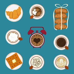 Vector illustration set of freshly roasted and ground coffee drinks, aromatic coffee, bubble tea menu, bakery, desserts, cold and hot coffee, isolated on background for food, drinks and coffee shop.