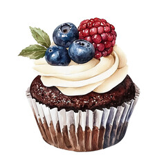 Watercolor illustration of a cupcake with white frosting topped with blueberries a raspberry and green leaves.