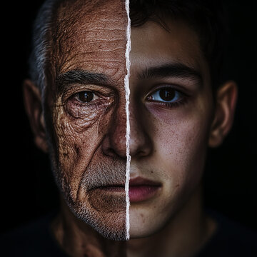 un homme, demi jeune et demi ag&eacute; simulant le temps qui passe - IA generative