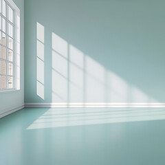 Interior scene: Sunlight streaming through a window casting geometric shadows onto the mint-colored wall and floor.