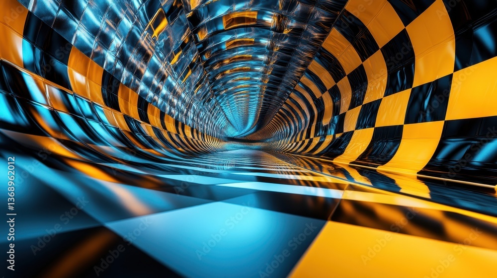 Aufkleber a cool tunnel with blue and yellow checkered pattern, futuristic design. perfect background or graph