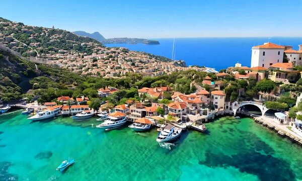 Bodrum City on Sunny Day. Aerial View. Turkish Riviera. Turkey. Drone Flies Forward and Upwards. Reveal Shot