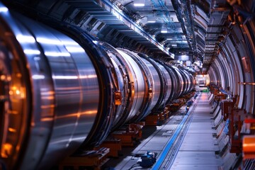 Fototapeta premium Long tunnel with metal cylinders, blue accents, and many overhead wires. Perfect for illustrating concepts like advanced technology, or scientific research.