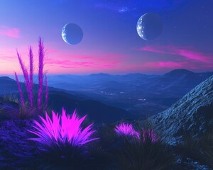 A beautiful outdoor scene with lush greenery and celestial bodies in the sky