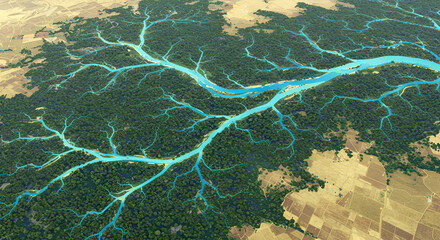 Aerial View of Intricate River Networks and Lush Forest Landscapes