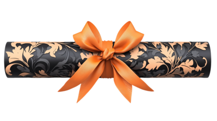 Png of Elegant black gift box with intricate floral design and a vibrant orange ribbon, perfect for special occasions on transparent background.
