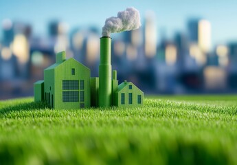 Green buildings emit smoke while surrounded by a vibrant cityscape in the background