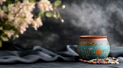 Beautifully decorated ceramic pot surrounded by colorful beads and flowers