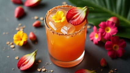 close cocktail tall glass glass filled bright orange colored drink has ice cubes top drink red flower yellow center green stem drink garnished sprinkle sesame seeds background dark grey surface