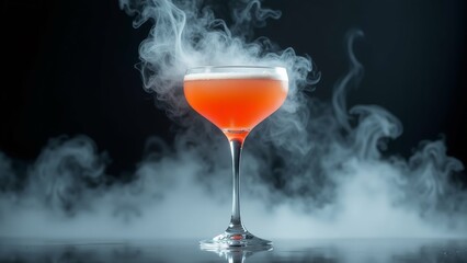 close cocktail glass filled orange colored drink glass placed reflective surface background black drink appears cocktail thick layer white smoke steam rising glass smoke curling around glass creating