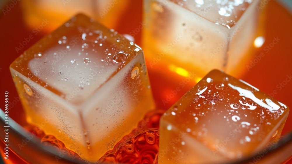 Poster three ice cubes glass orange colored liquid ice cubes arranged triangular formation largest cube cen