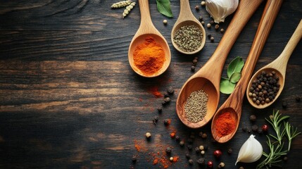 Wooden cooking utensils filled with various spices and herbs, ready for use in a kitchen or food preparation