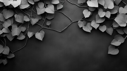 Black and white ivy leaves gracefully arranged on a dark background