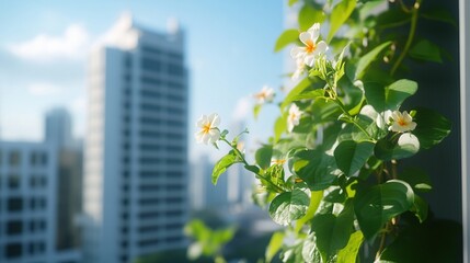 Blooming white flowers on a balcony with city skyline in background