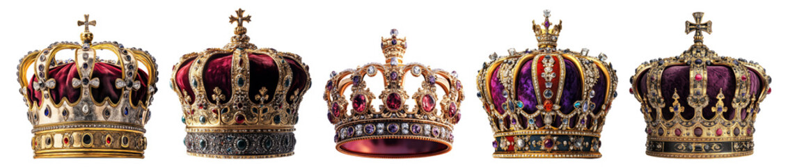 Elegant collection of royal crowns showcasing intricate designs, PNG bundle collection, Isolated on Transparent Background