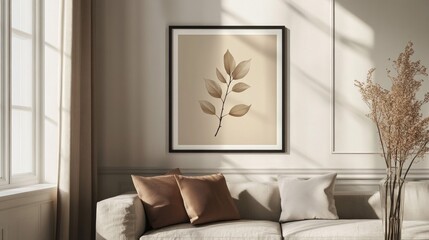 Beige Minimalist Botanical Print on Living Room Wall