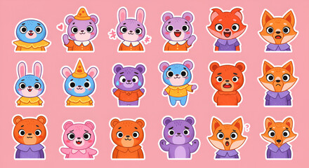 Obraz premium Colorful Collection of Cartoon Animal Stickers for Social Media