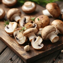 Fototapeta premium A wooden cutting board topped with mushrooms, ideal for serving appetizers or as a centerpiece