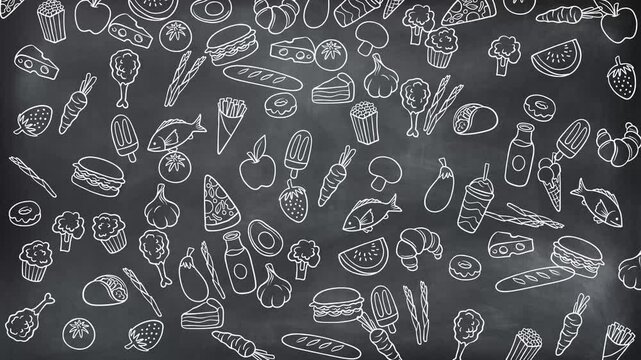 Hand-Drawn Food Pattern on Chalkboard Background  Seamless Doodle Style Food Icons