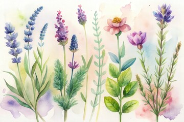 Fototapeta premium color set of delicate meadow wild flowers and leaf
