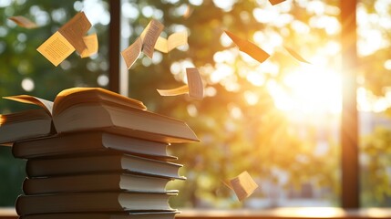 Books floating in sunlight with pages flying in a serene environment