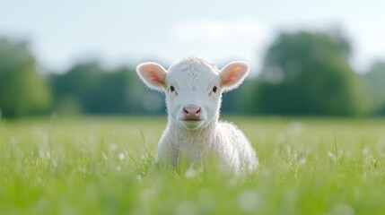 Obraz premium Adorable calf in a grassy field