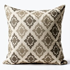 Elegant Decorative Pillow with Brown and White Designs on White Background. A decorative pillow with a brown and white pattern on it.