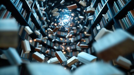 Books swirling in a spiral library, illuminated by a bright light above