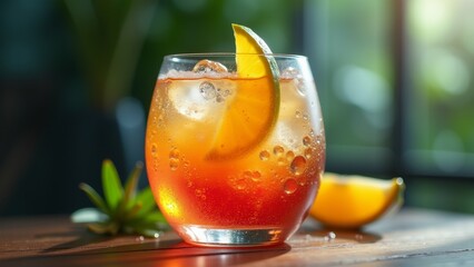 glass iced tea wooden table glass filled red colored drink has slice orange rim ice cubes floating drink small green plant side background blurred appears window view greenery outside overall mood