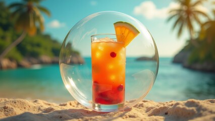 glass orange colored drink sandy beach glass filled ice cubes has slice lime rim drink appears tropical themed cocktail red cherry top background beautiful view ocean palm trees sky blue white clouds