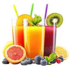 Three vibrant fruit juices bursting with summer flavors, a refreshing blend of orange, grapefruit, kiwi, and berries, served in tall glasses with colorful straws against a bright white background.