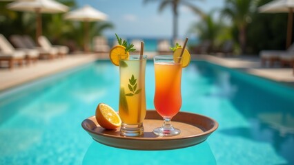 two glasses orange colored drinks wooden tray swimming pool glasses filled yellow colored drink garnished slice orange sprig mint tray placed edge pool lounge chairs umbrellas background pool