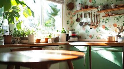 Bright and airy kitchen with plants and utensils, sunlit atmosphere
