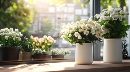 Bright and Lively Flower Pots on a Sunlit Windowsill with Greenery
