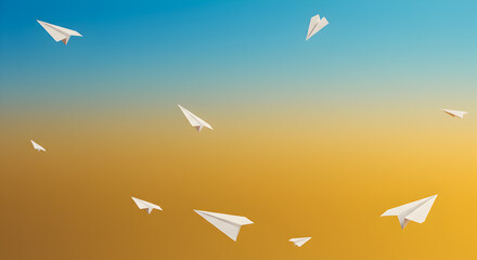 Fototapeta premium Paper Airplanes Soaring Across a Gradient Sky from Azure to Mustard