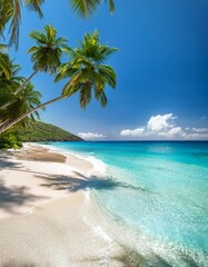 Summer vacation on a tropical island with beautiful beach and palm trees. Generated image