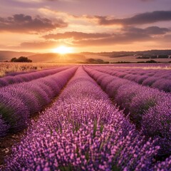 Fototapeta premium A field of purple flowers with a beautiful sunset in the background, perfect for landscape or nature photography